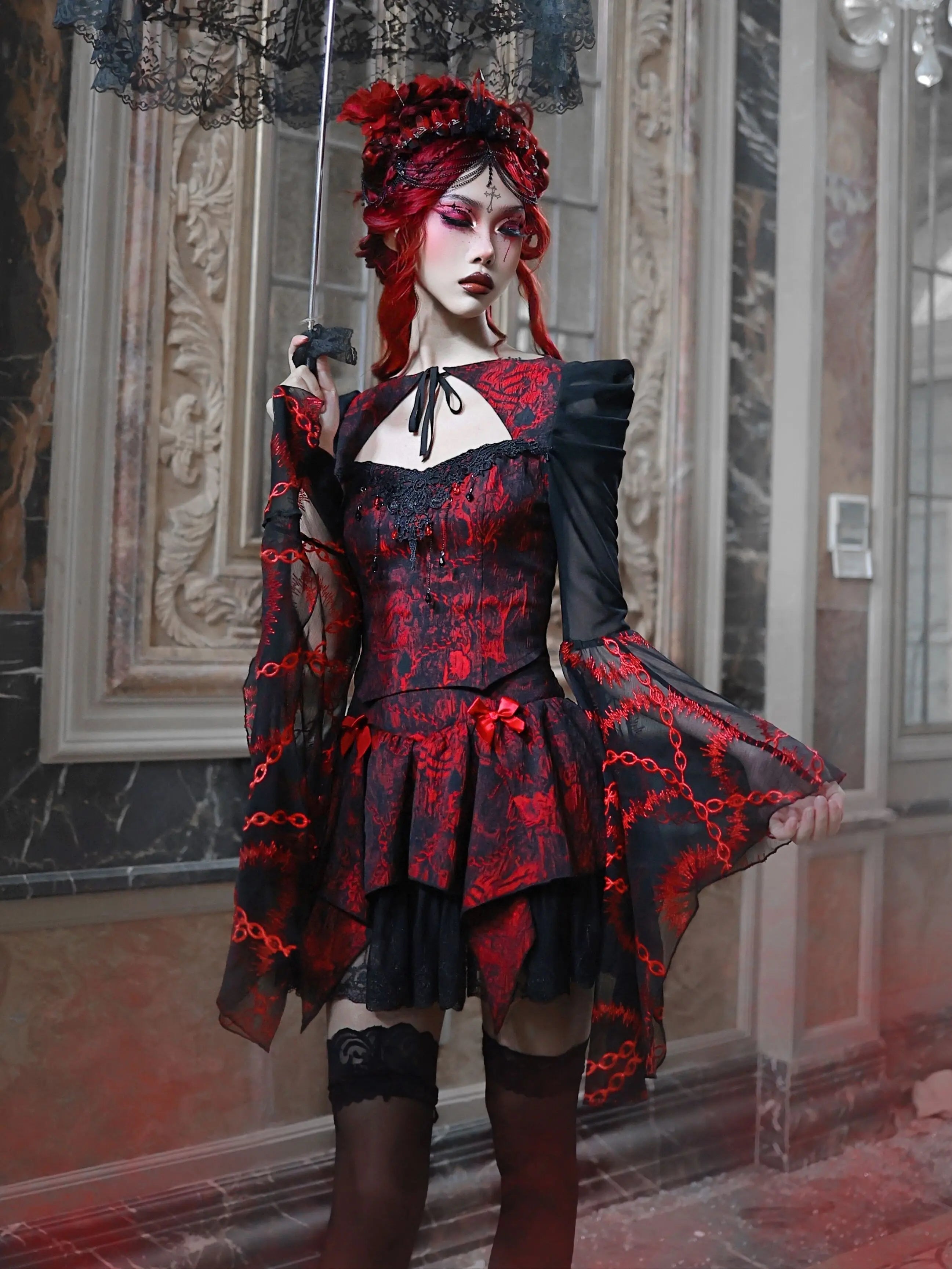 Dark Crimson Ebony Rose Lace Blouse