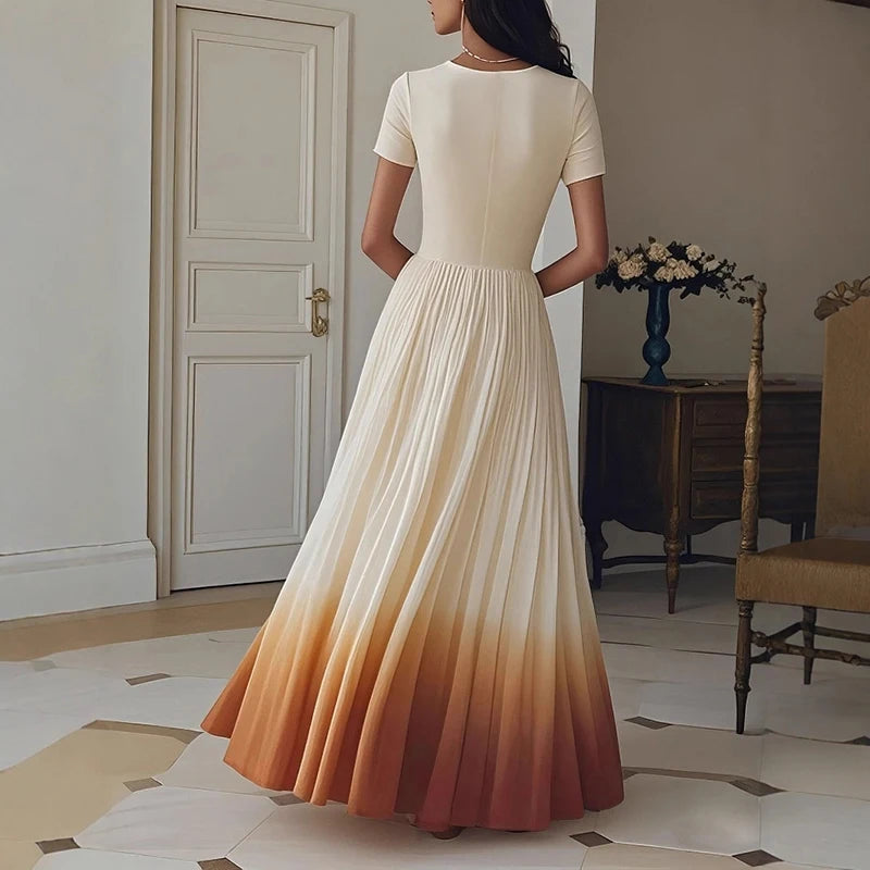 Elegant Gradient Print Maxi Dress with Deep V-neck Design