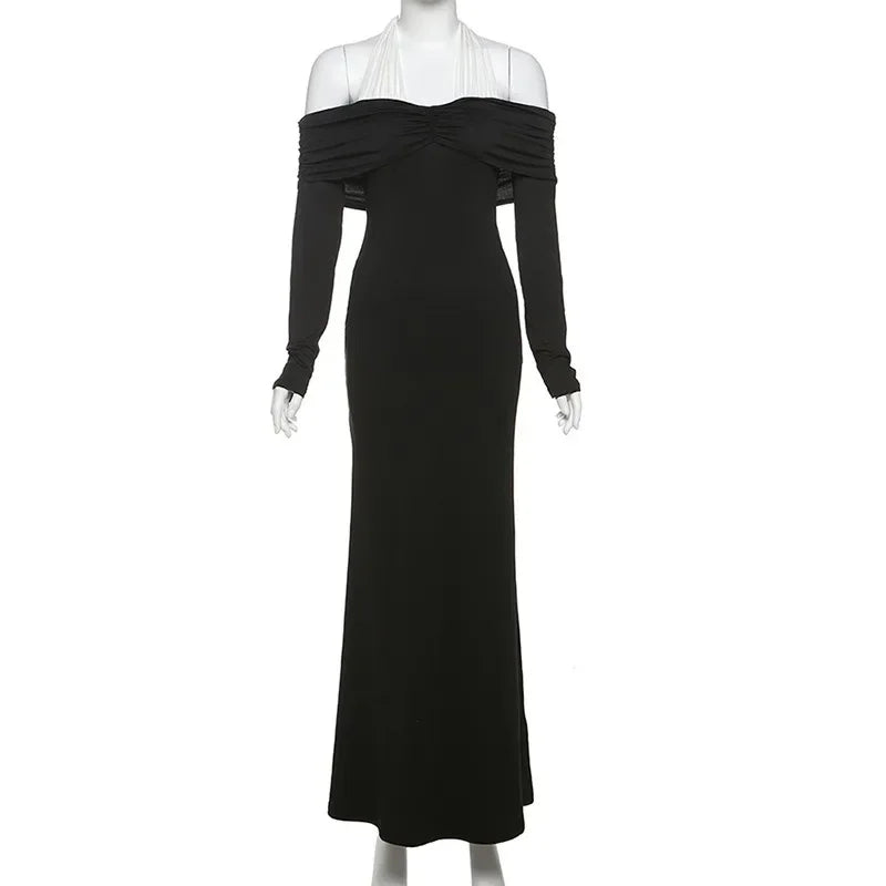 Off Shoulder Halter Cross Neck Long Sleeve Mermaid Maxi Dress - View 3