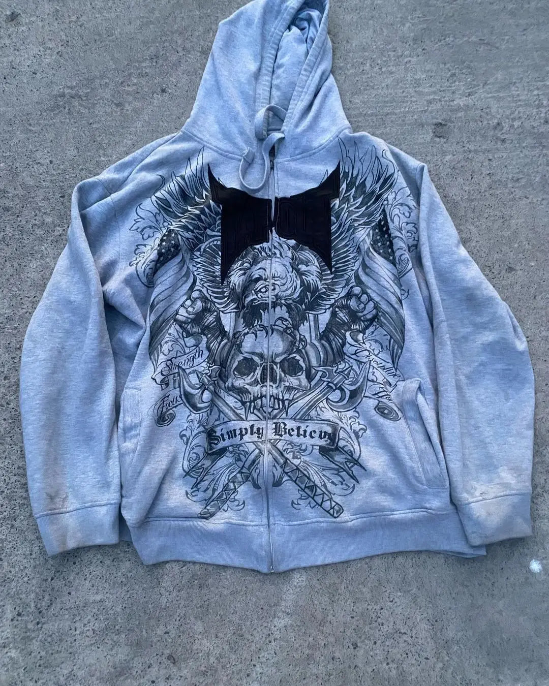 Dark Skull Print Grey Zip Hoodie