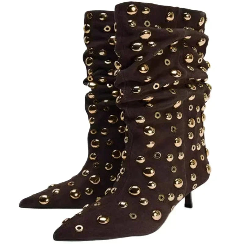 Attractive Rivet Pleated Tall Heel Pointed Gothic Boot