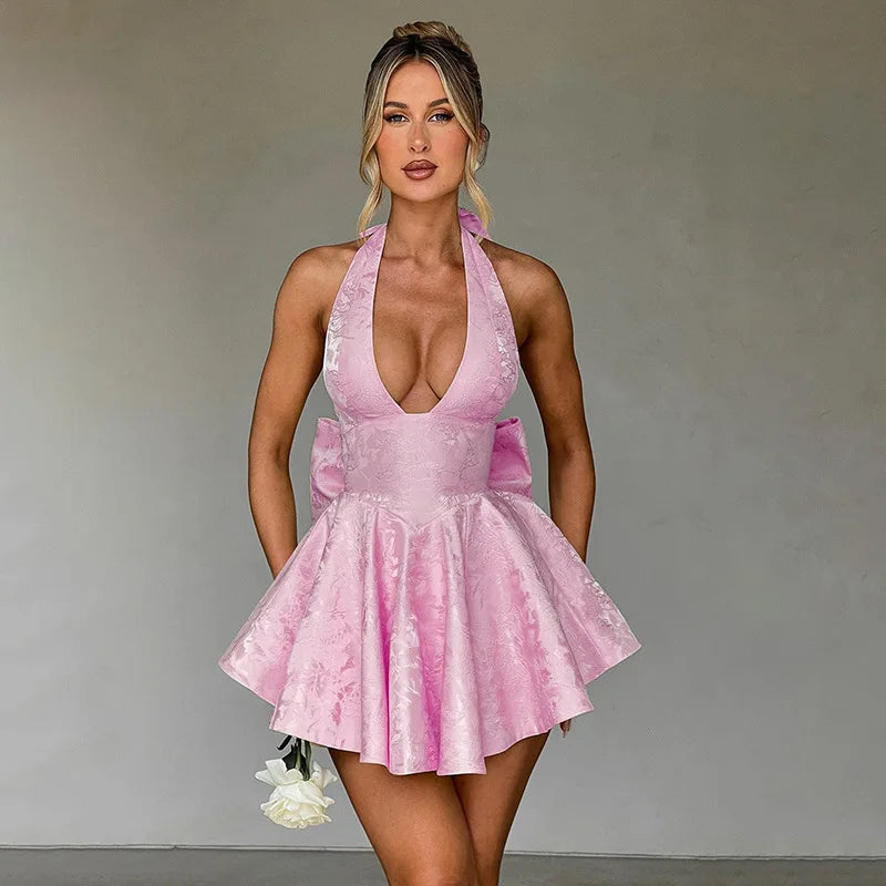 Jacquard Halter Neck Deep V-Neck Back Bow Flare Mini Party Dress