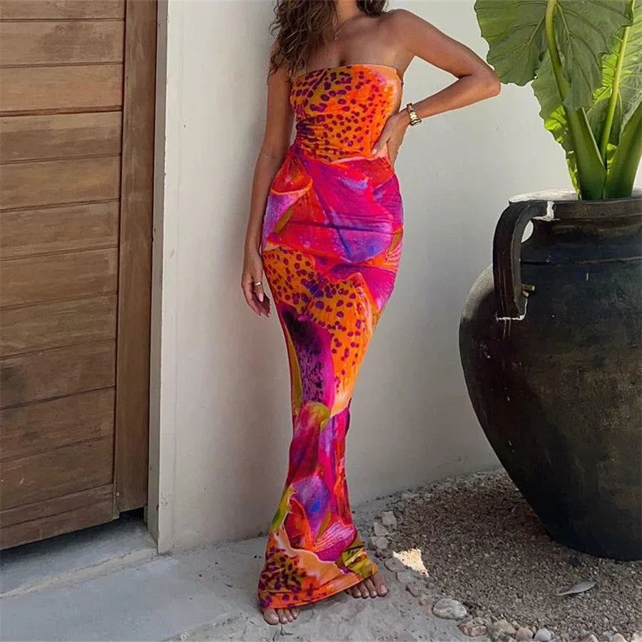 Abstract Print Strapless Ruched Bodycon Maxi Dress