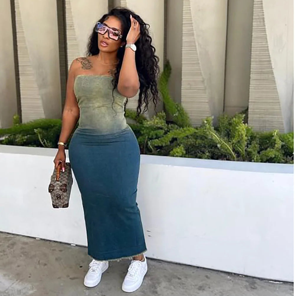 Gradient Denim Corset Slit Midi Dress - Fashionpara