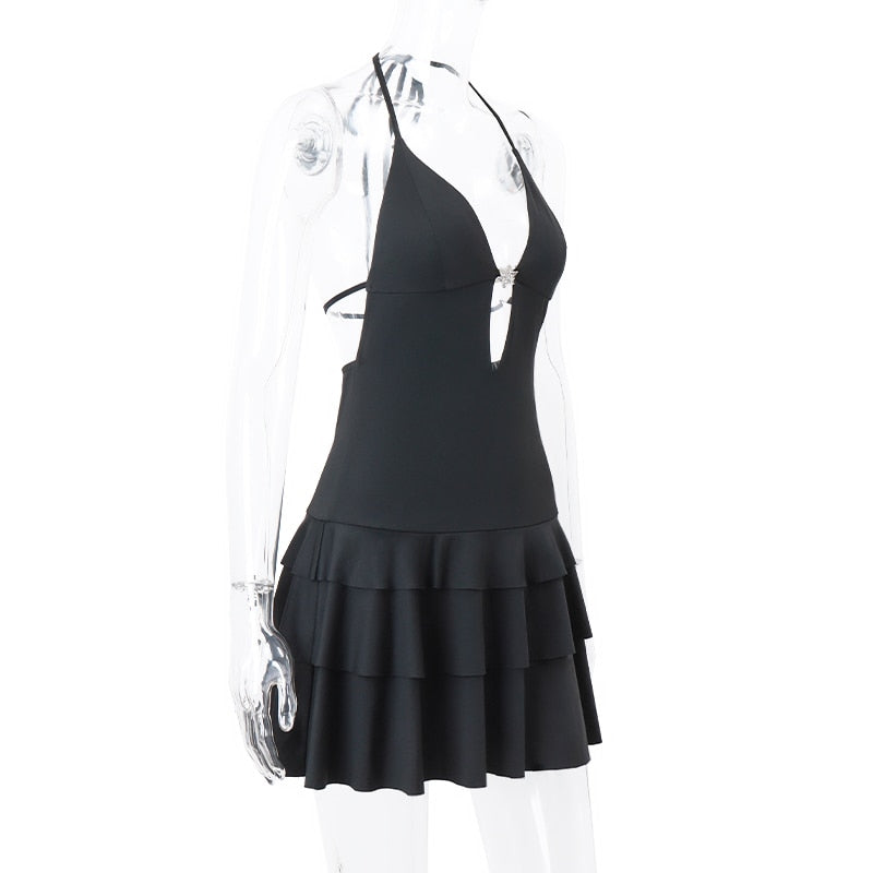 Halter Neck Plunge Backless Ruffle Mini Dress