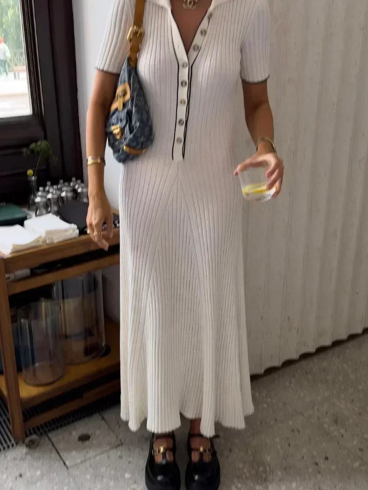 Ribbed Knit Polo-Collar Short-Sleeve Button-Front Maxi Dress 5