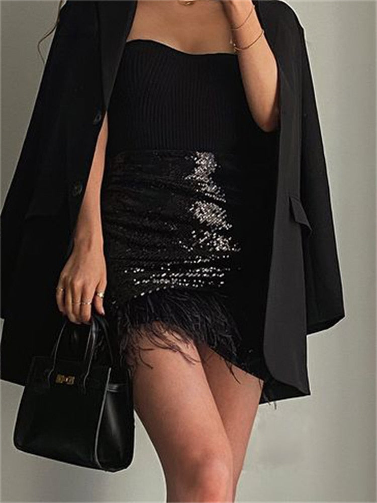 Glitter Women Sequin Feather Tassel Mini Skirt
