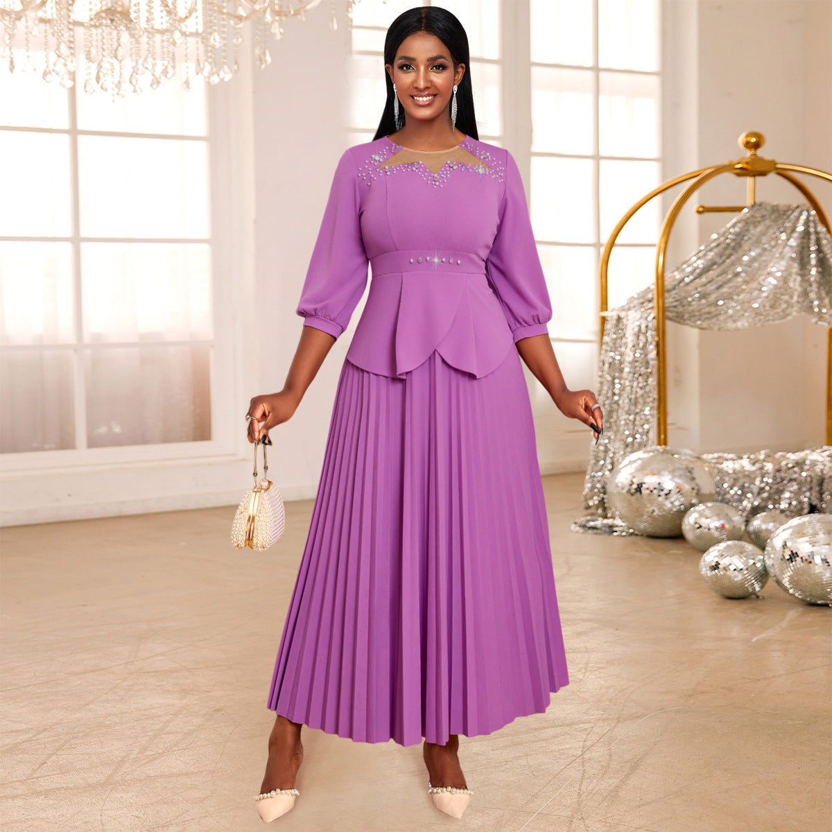 Rhinestone Mesh Yoke Puff Sleeve Peplum Pleated Maxi Gown