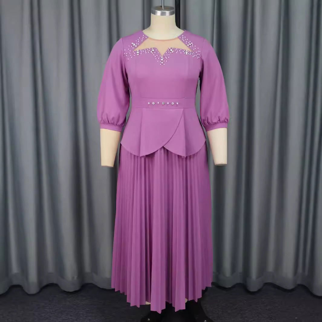Rhinestone Mesh Yoke Puff Sleeve Peplum Pleated Maxi Gown - View 2