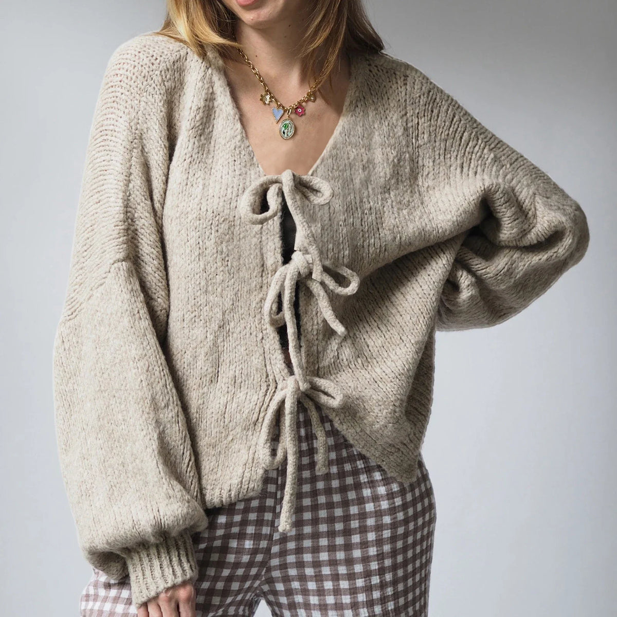 Tie-up V-neck Solid Loose Knit Cardigan