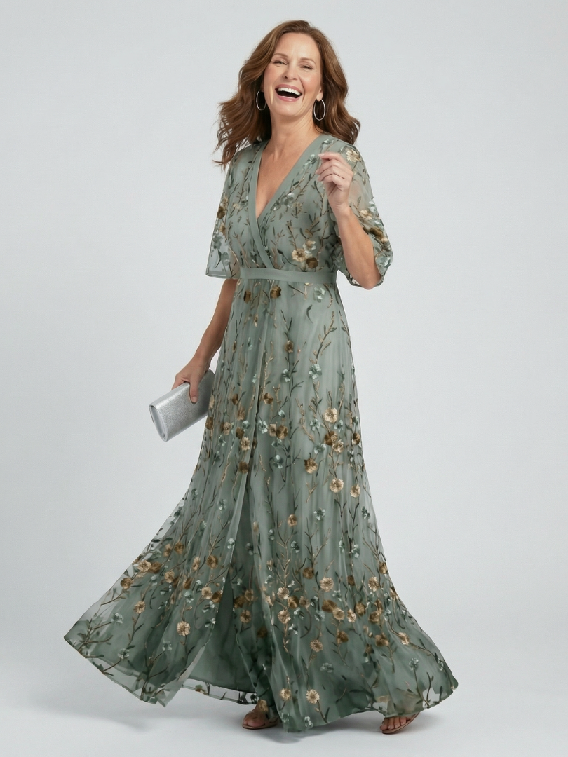 Floral V-Neck Flutter Sleeve Wrap Maxi Dress