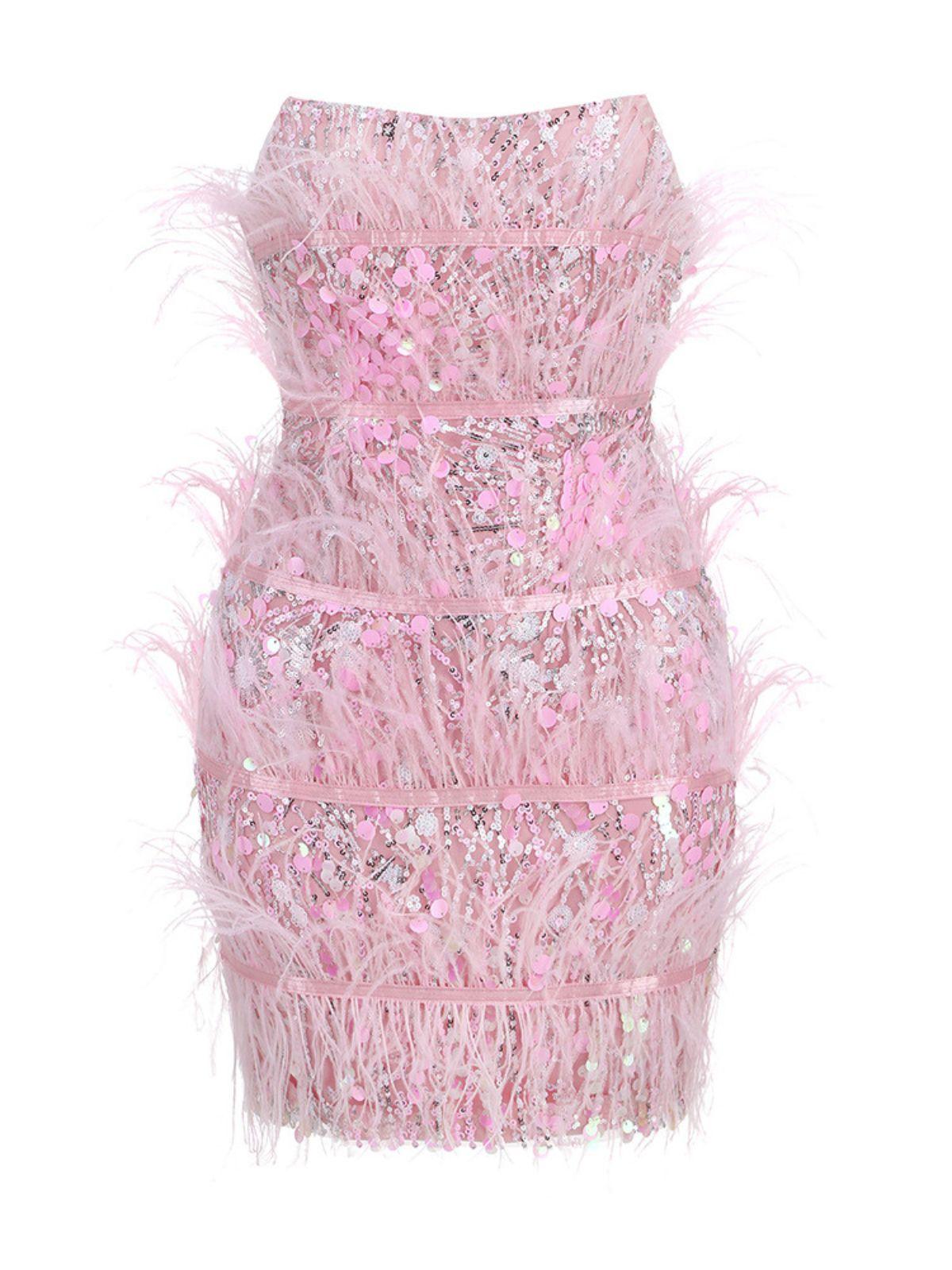 Senara Strapless Sequin Feather Mini Dress