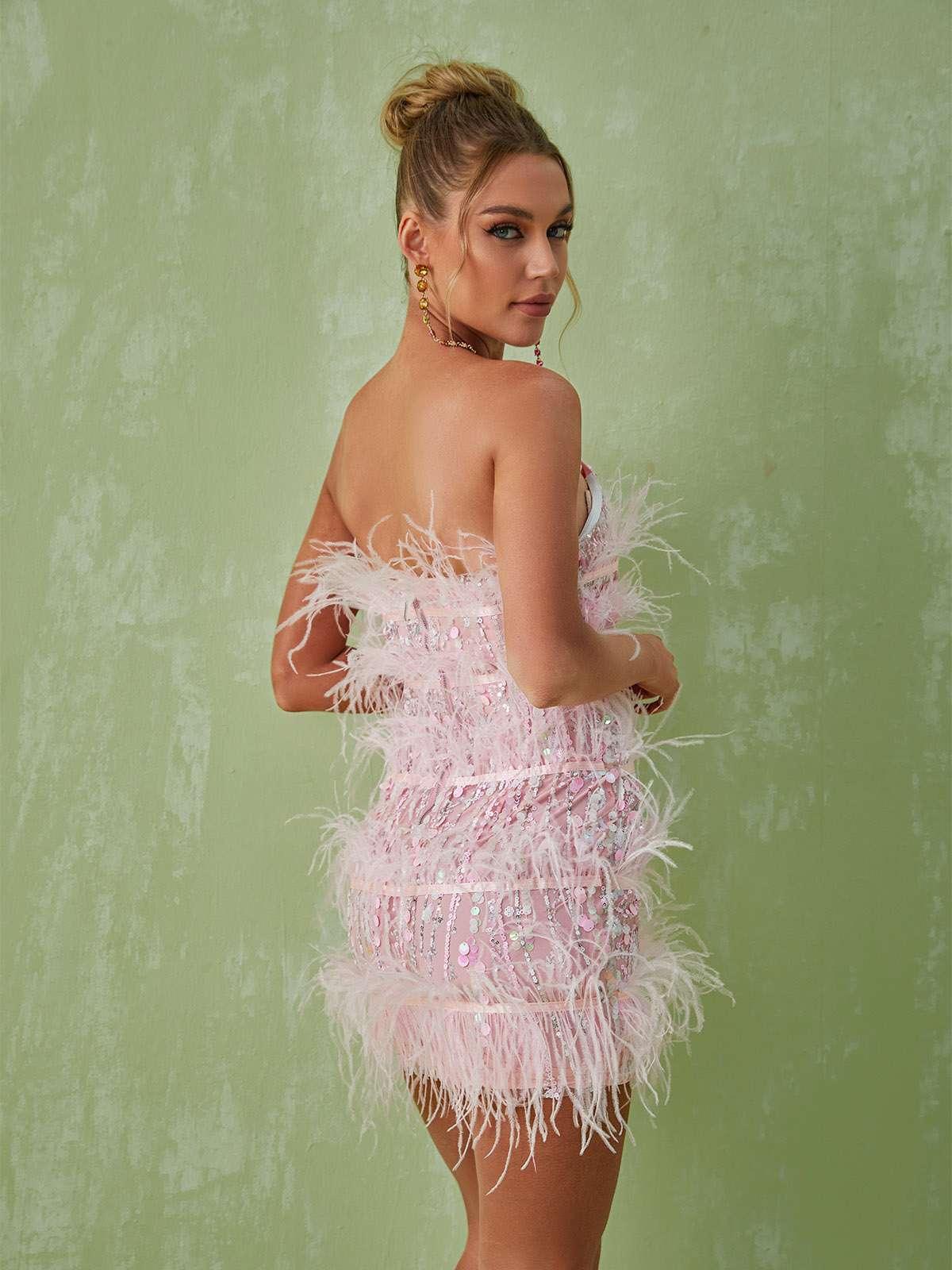Senara Strapless Sequin Feather Mini Dress