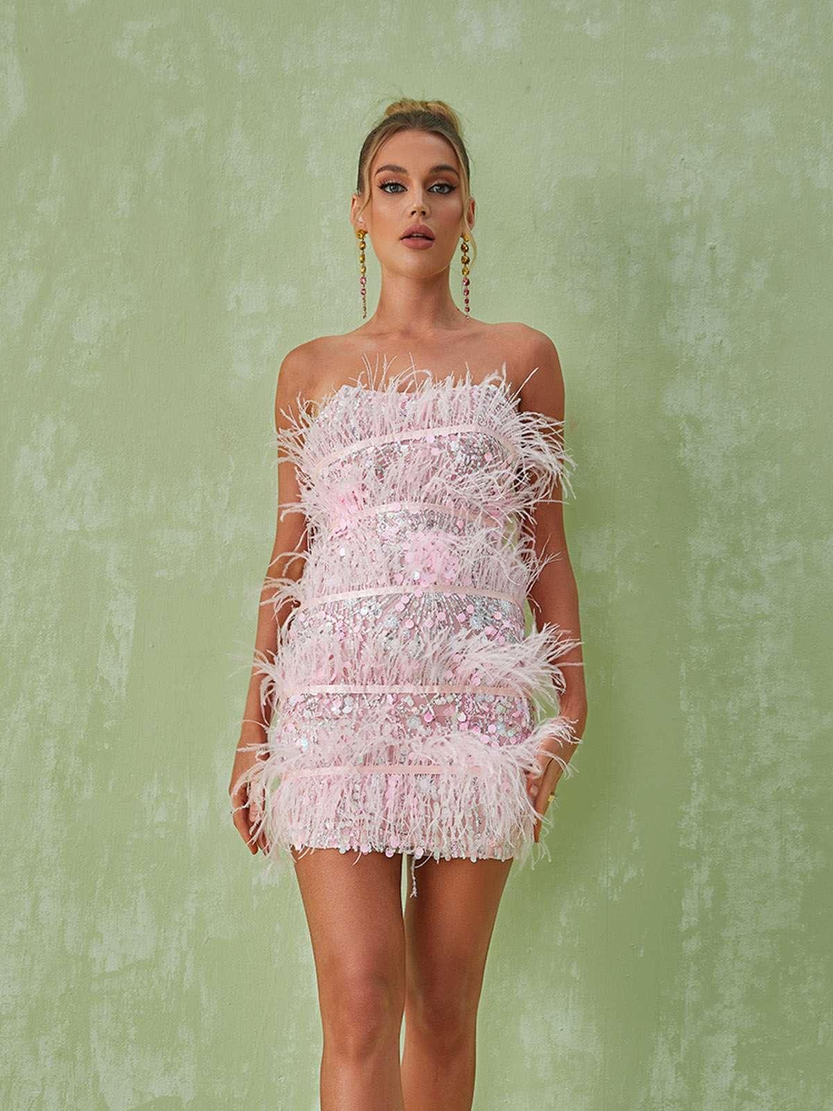 Senara Strapless Sequin Feather Mini Dress