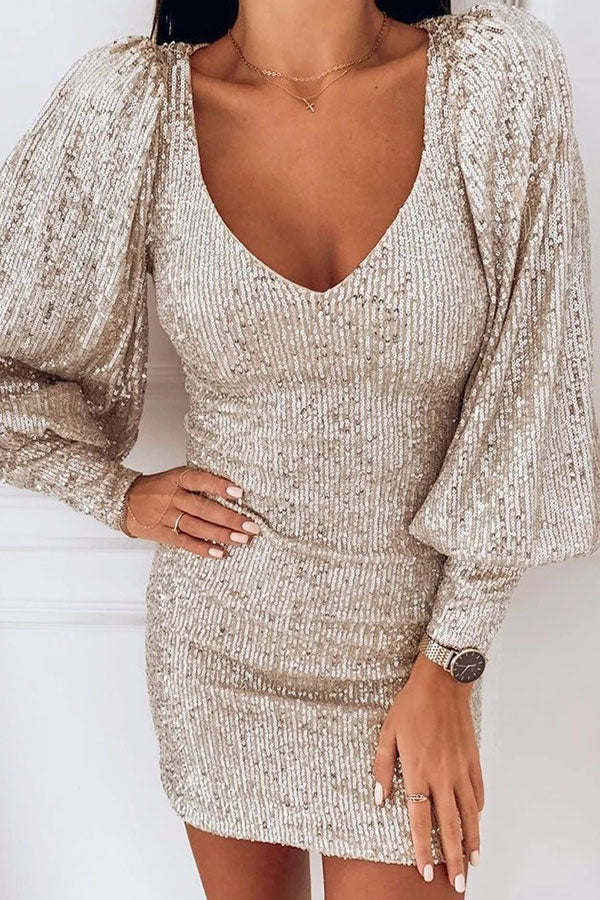 Sparkly V-neck Sequin Party Dress - Mislish