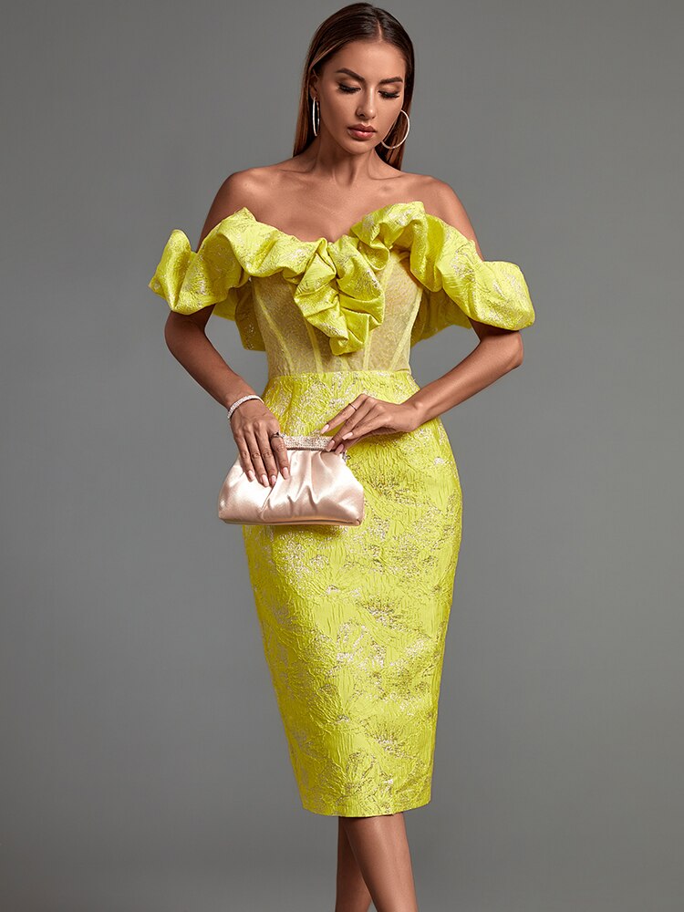 Off Shoulder Puff Sleeve Ruffle Jacquard Bodycon Midi Dress