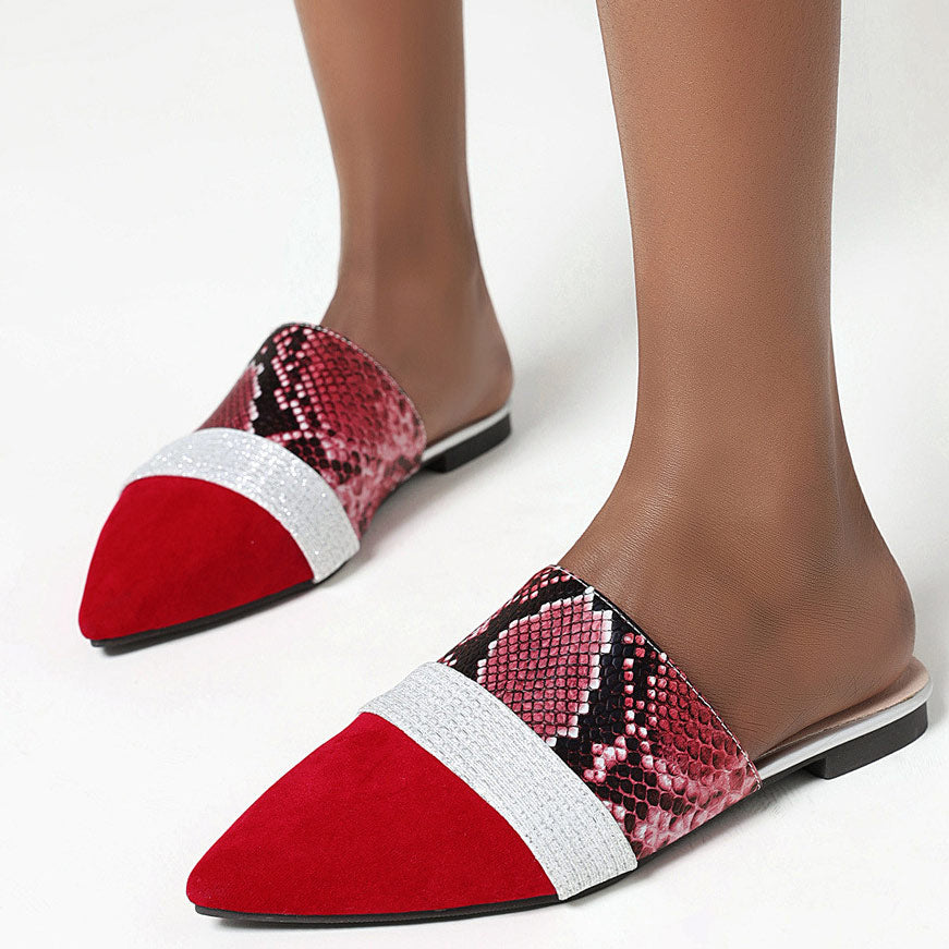 Serpentine Print Slide Pointed Toe Suede Sandals - Mislish