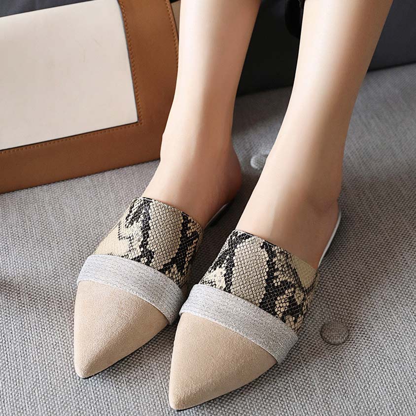 Serpentine Print Slide Pointed Toe Suede Sandals - Mislish