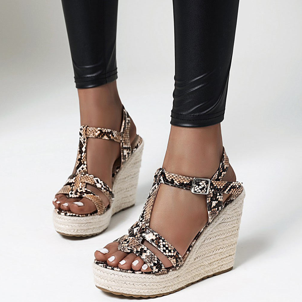Serpentine Print Wedge Espadrille Sandals - Mislish