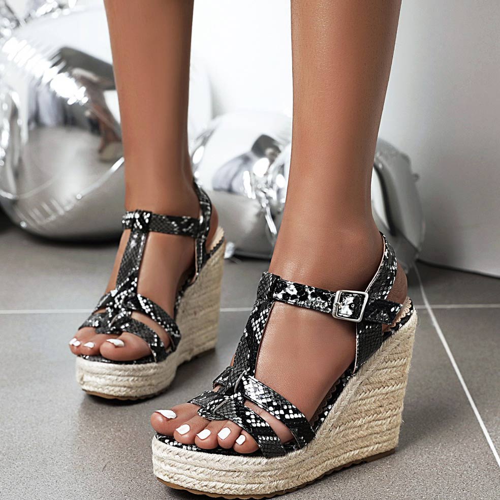 Serpentine Print Wedge Espadrille Sandals - Mislish