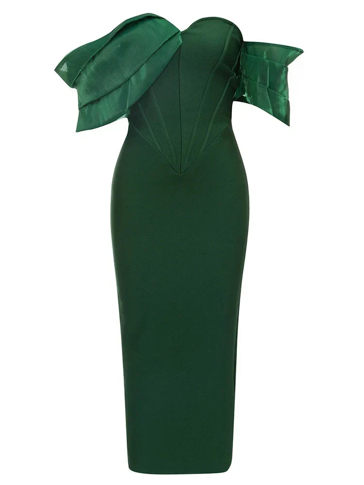Off Shoulder Satin Puff Sleeve Corset Maxi Dress 7