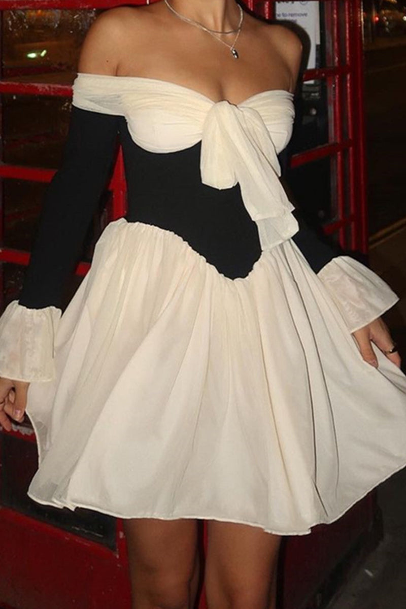 Sexy Backless Contrast Off Shoulder Waist Skirt Dresses - Fashionpara