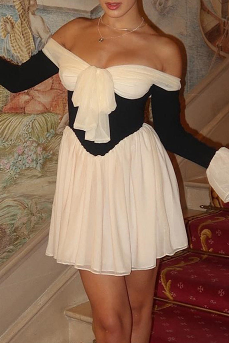 Sexy Backless Contrast Off Shoulder Waist Skirt Dresses - Fashionpara