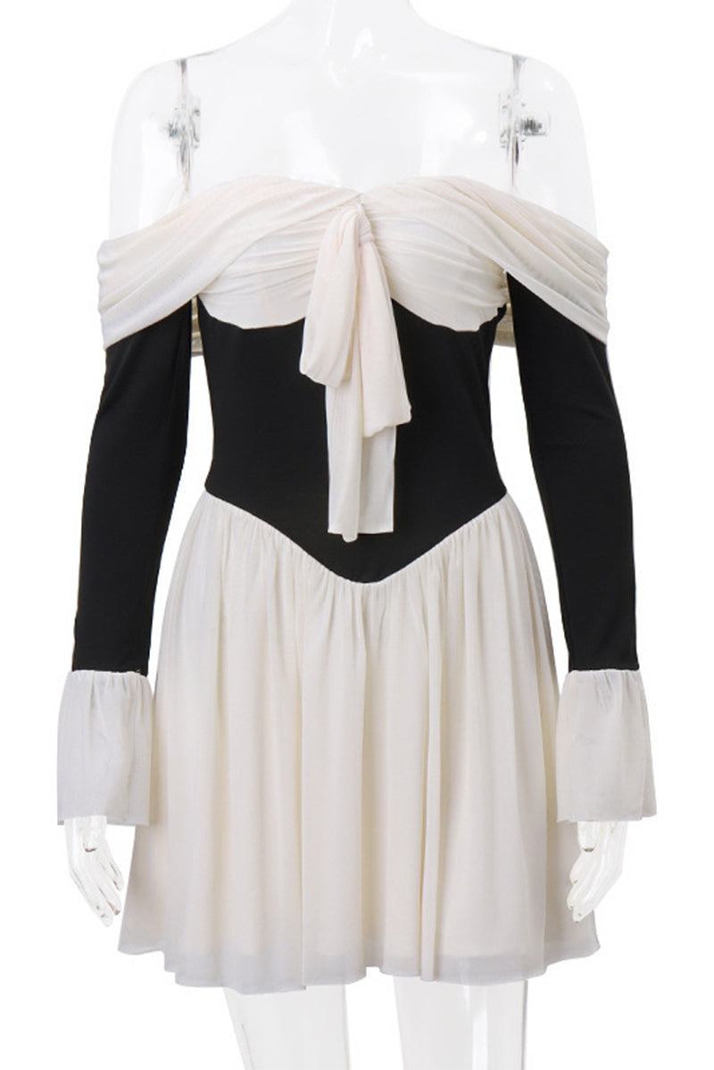 Sexy Backless Contrast Off Shoulder Waist Skirt Dresses - Fashionpara