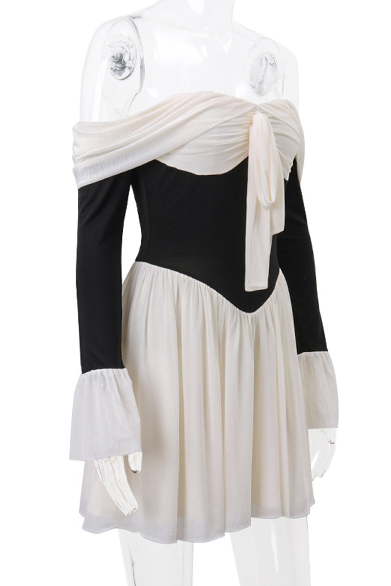 Sexy Backless Contrast Off Shoulder Waist Skirt Dresses - Fashionpara