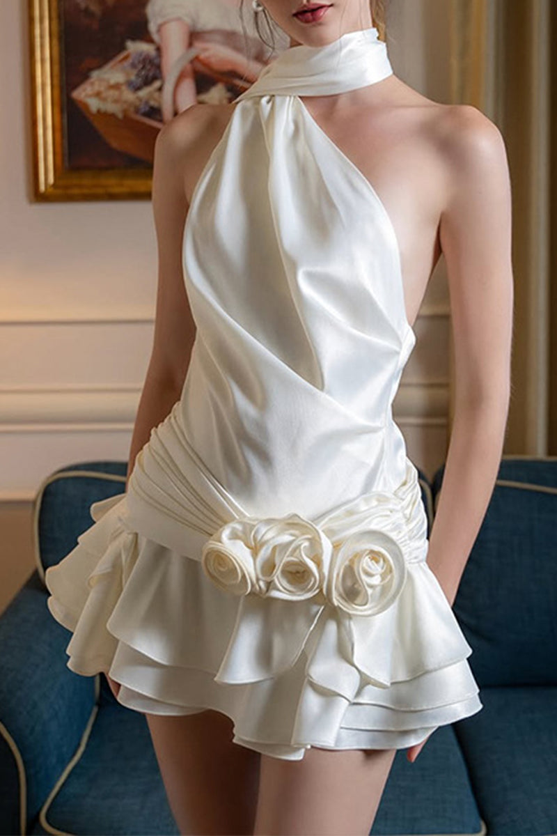 Sexy Backless Flounce Flower Shape Halter A Line Dresses - Fashionpara