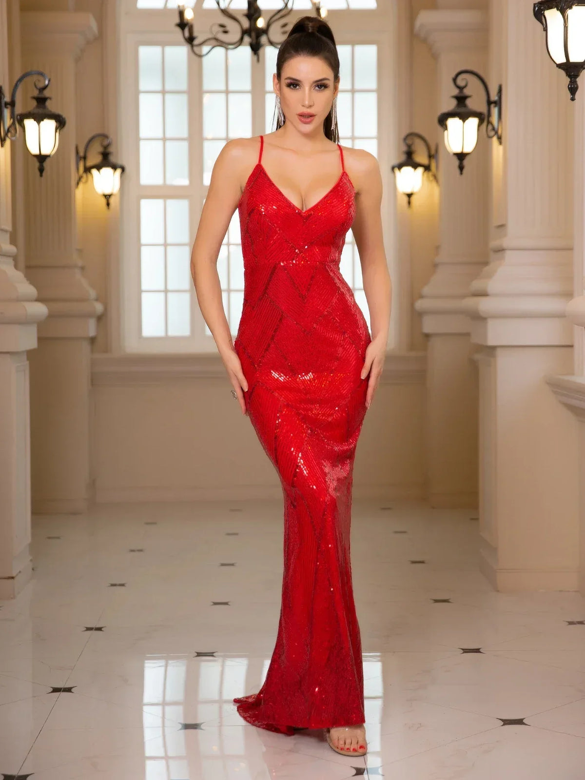 Sequin Spaghetti Strap Deep V-Neck Mermaid Gown 7