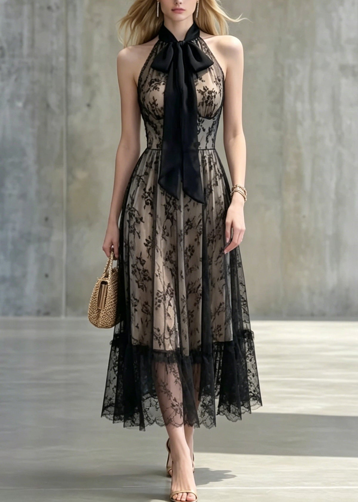 Floral Lace Halter Neck Bow Detail Ruffled Sheer Hem A-Line Midi Dress