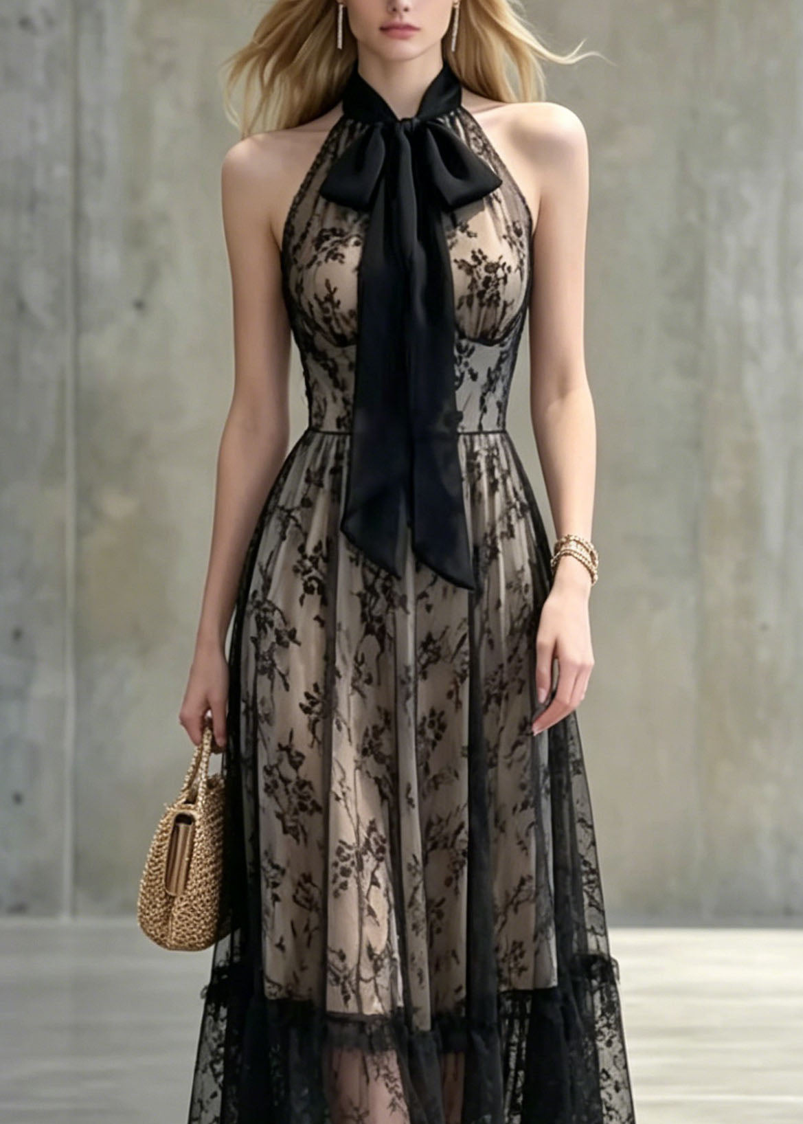 Floral Lace Halter Neck Bow Detail Ruffled Sheer Hem A-Line Midi Dress - View 2