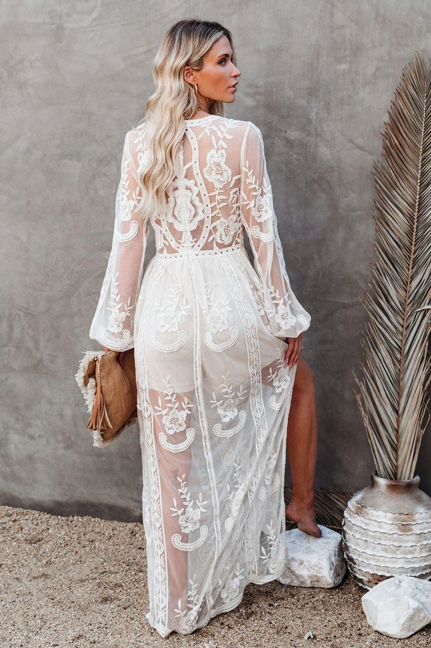Embroidered Lace Plunge V-Neck Long Sleeve Maxi Dress