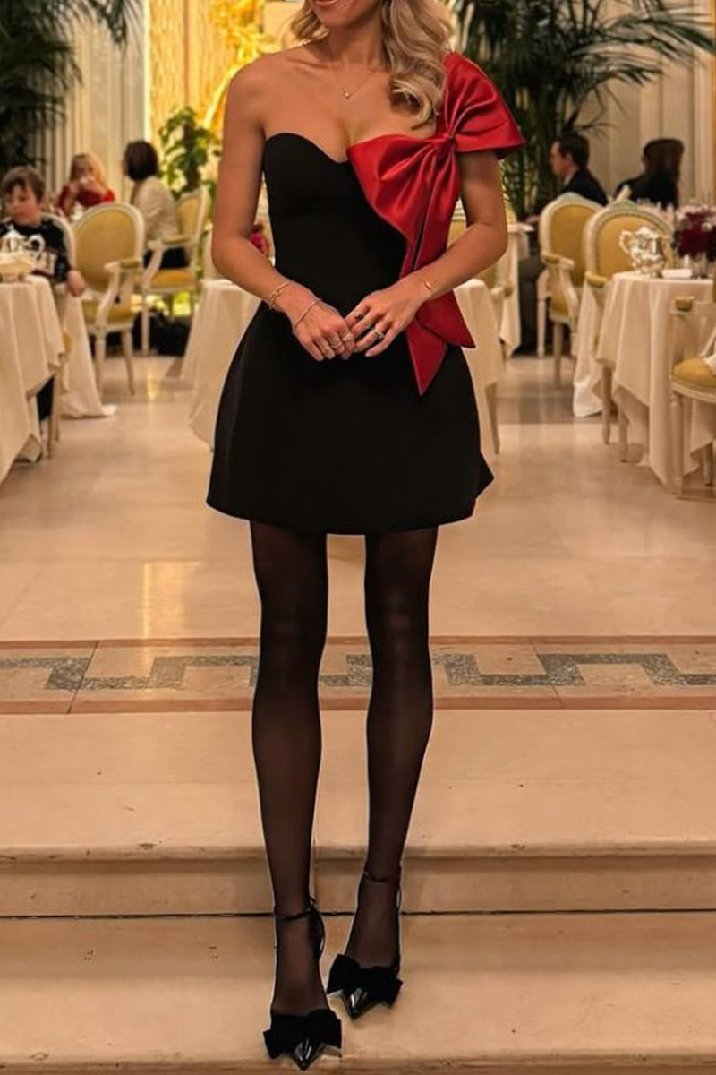 Sexy Bow Patchwork Contrast Off Shoulder Evening Dresses - Fashionpara