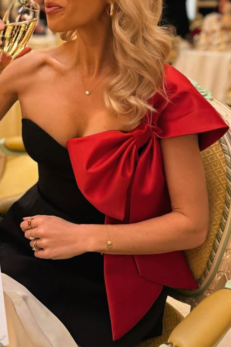 Sexy Bow Patchwork Contrast Off Shoulder Evening Dresses - Fashionpara