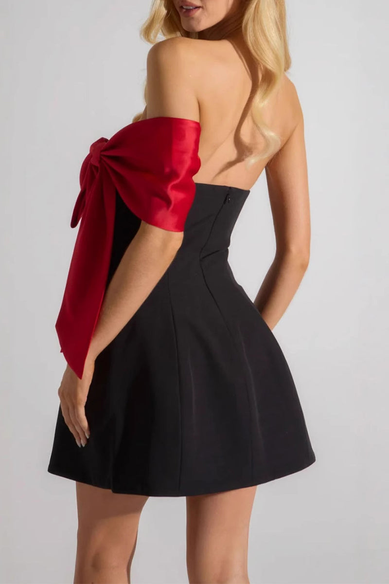 Sexy Bow Patchwork Contrast Off Shoulder Evening Dresses - Fashionpara