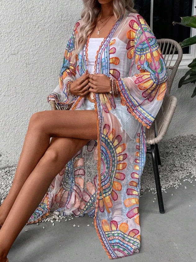 Colourful Floral Embroidery Boho Beach Cover-up Lace Bikini