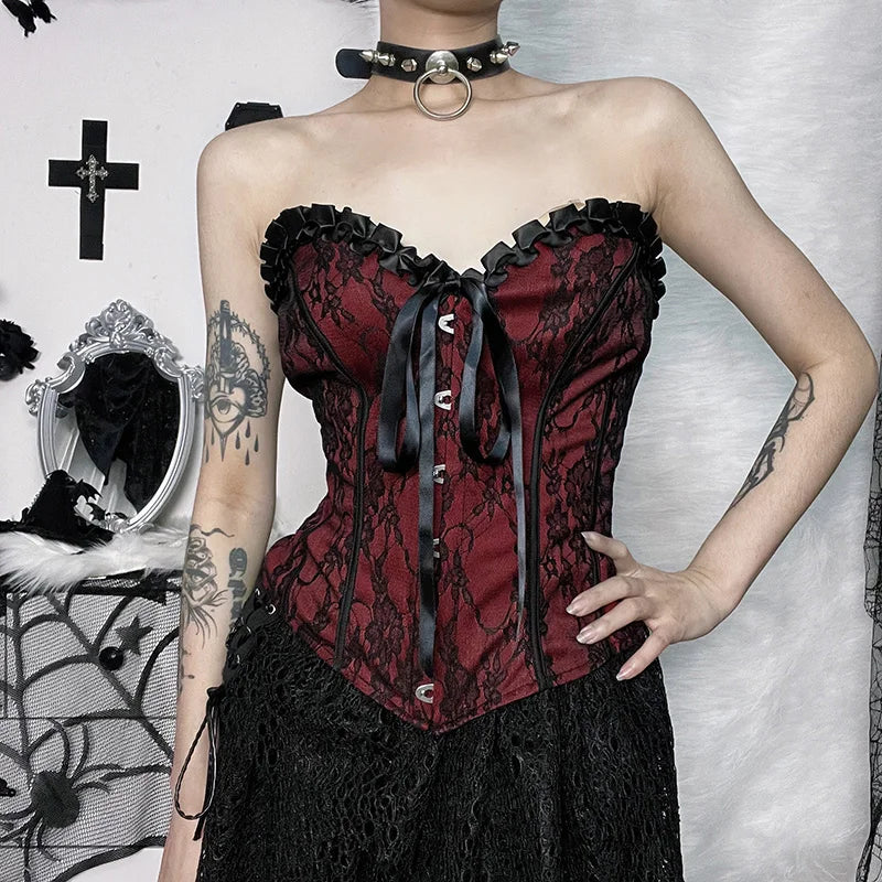 Sexy Floral Lace Corset Bustier Vintage Gothic Top - Fashionpara