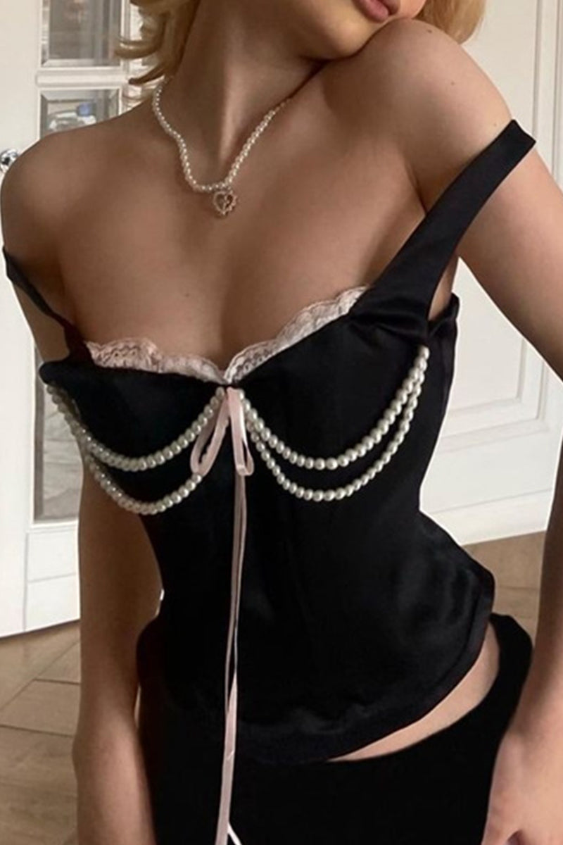 Sexy Cross Straps Pearls Decor Square Neck Tops - Fashionpara
