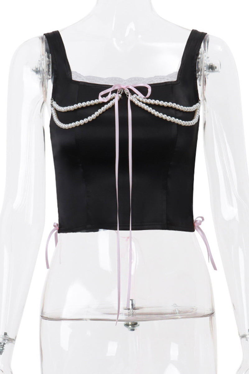 Sexy Cross Straps Pearls Decor Square Neck Tops - Fashionpara