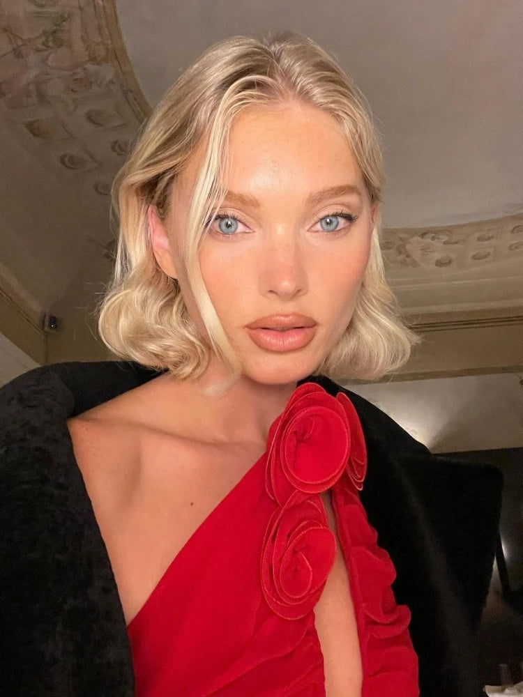 Deep V Neck 3D Flower Mini Strapless Backless Pleated Christmas Party Dress - Fashionpara