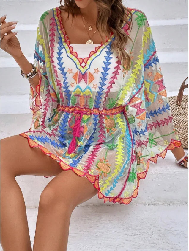 Deep V-neck Tunic Lace Boho Mini Beach Cover up - Fashionpara