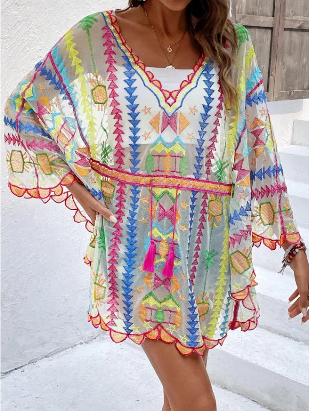 Deep V-neck Tunic Lace Boho Mini Beach Cover up - Fashionpara