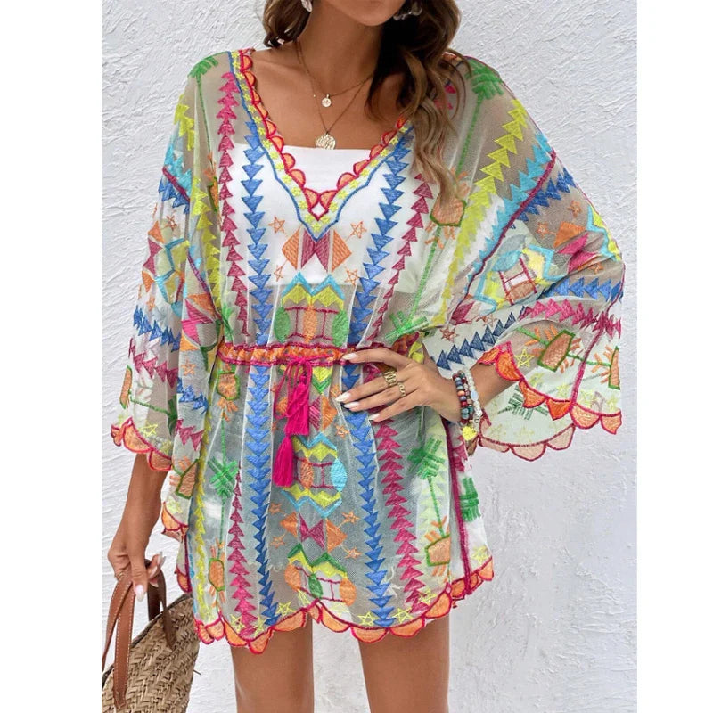 Deep V-neck Tunic Lace Boho Mini Beach Cover up - Fashionpara