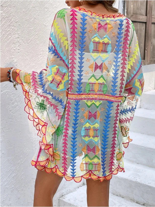 Deep V-neck Tunic Lace Boho Mini Beach Cover up - Fashionpara