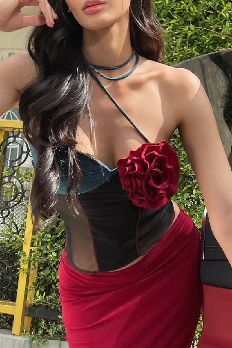 Sexy Flowers Patchwork Contrast Halter Tops - Fashionpara