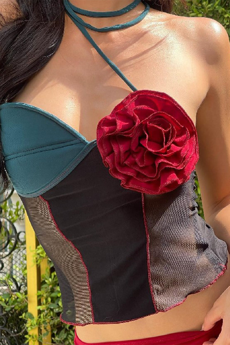 Sexy Flowers Patchwork Contrast Halter Tops - Fashionpara