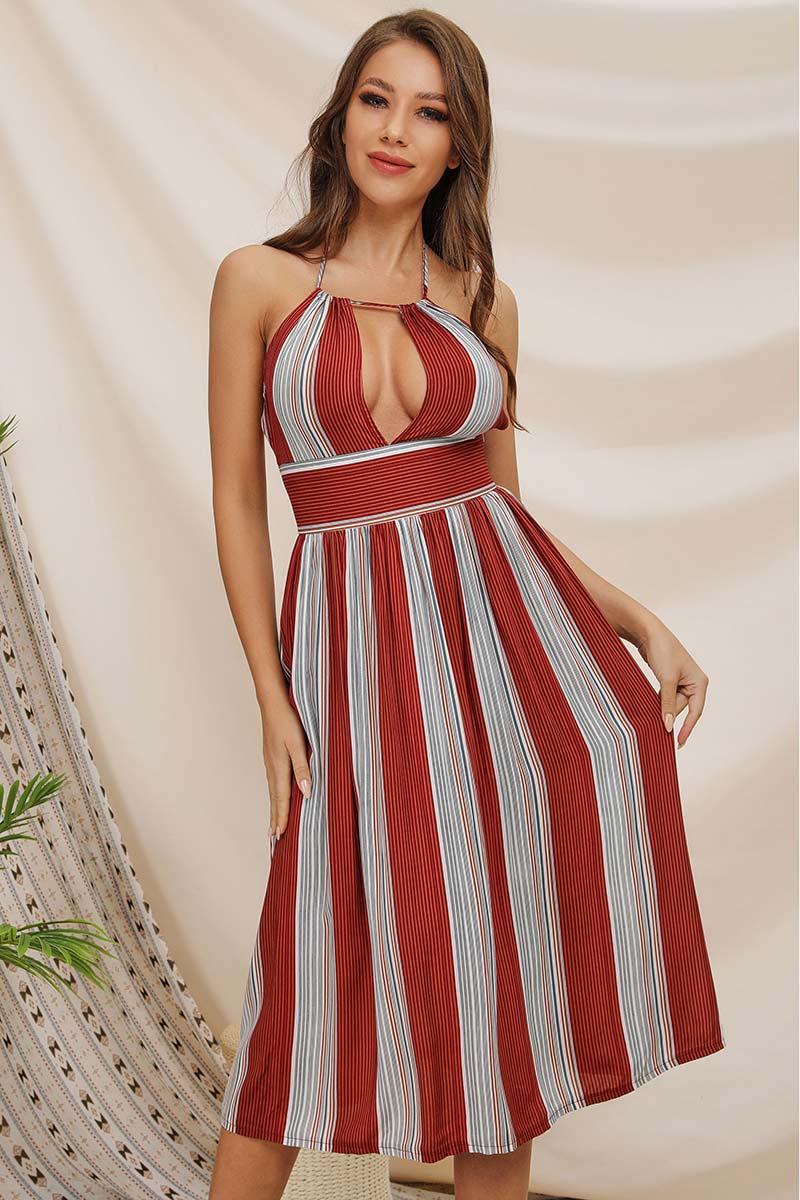 Sexy Halter Empire Waist Cutout Striped Dress - Mislish