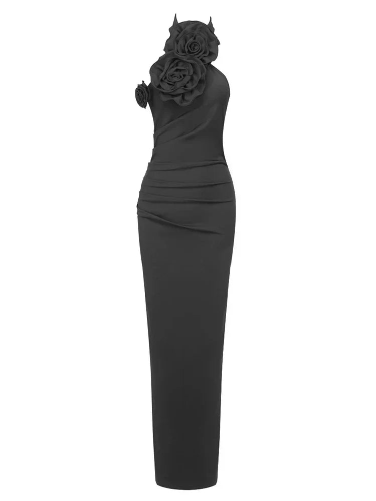 3D Flower Halter Neck Ruched Bodycon Maxi Gown 7